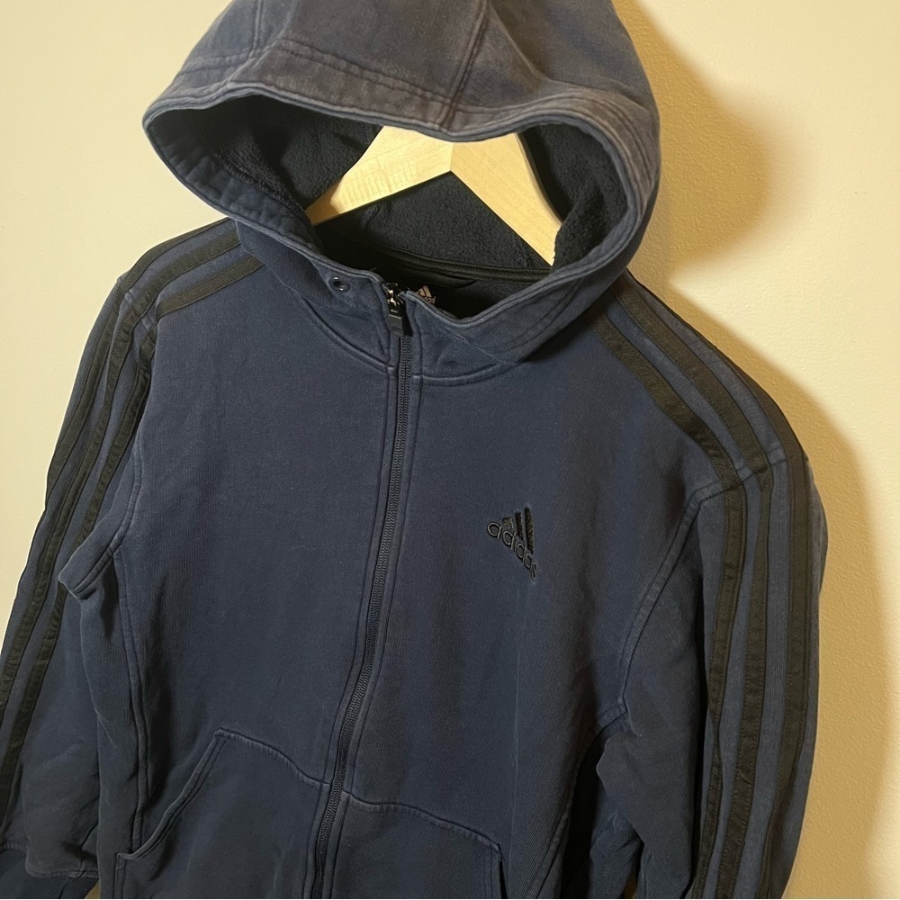 Adidas Essentials Fleece 3 Stripes Full Zip Hoodie Men’s S Navy Blue Sweatshirt - Picture 2 of 7